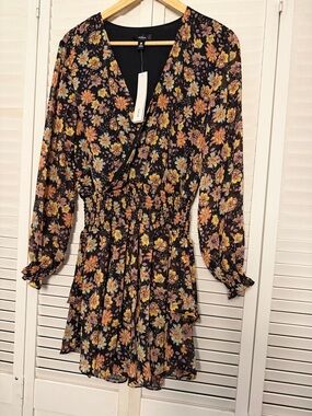 Aqua Black Floral Wrap Mini Dress with Yellow and Pink Blooms